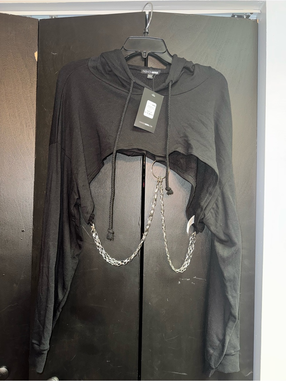 Fashion Nova Black Cropped Hoodie with Chain Accent